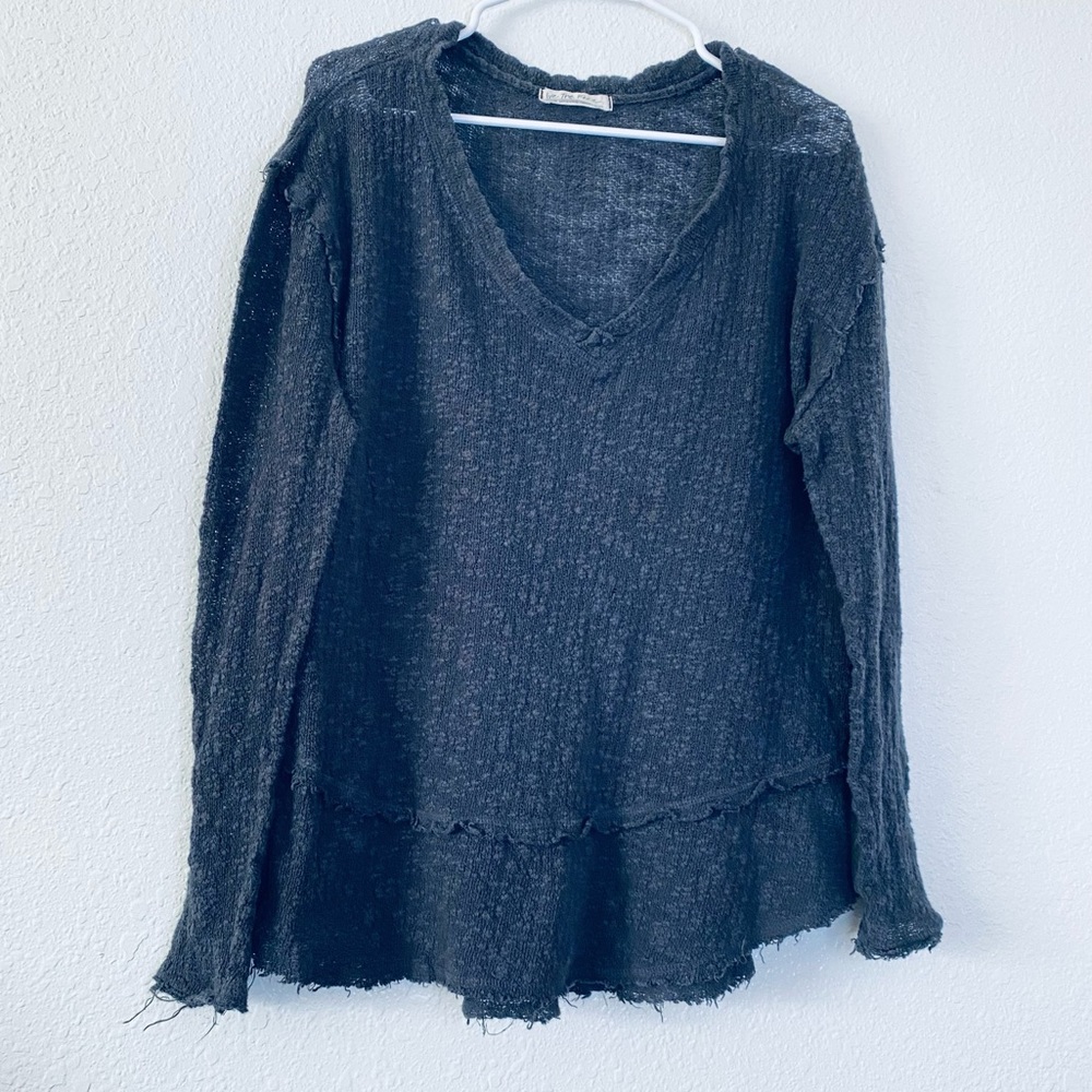 🍓Free People We The Free Ocean Air Washed Black Open Knit Deep V Neck Top Medium